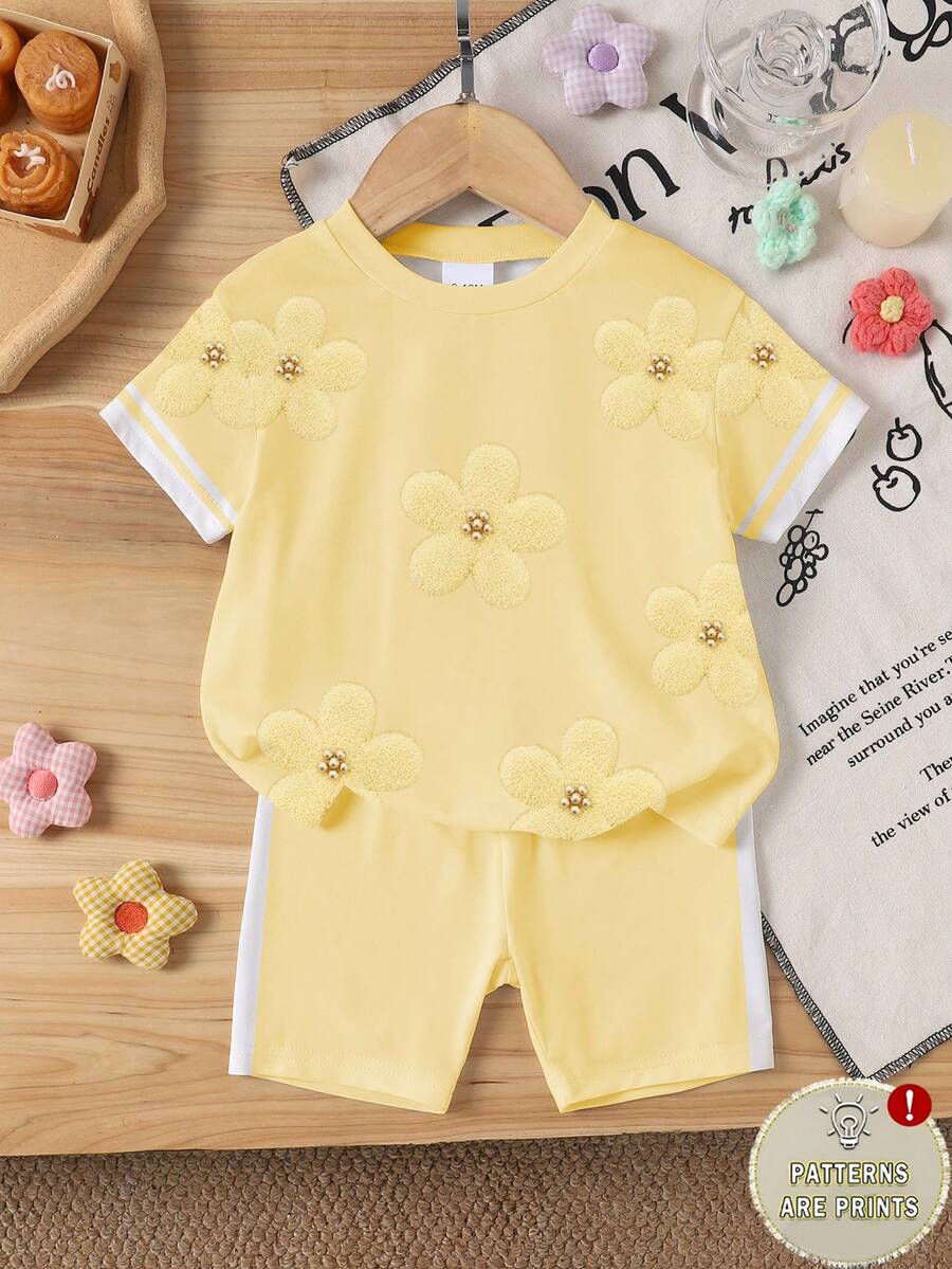 Elladie kids 两件套女婴提花绒毛效果T恤上衣和条纹短裤套装,时尚甜美,适合春夏外出穿着。 - 彩色 - 查看 1