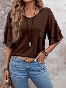 Women's Double Layer Ruffle Trim Short Sleeve T-Shirt - Coffee Brown - View 5