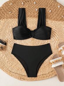 Swim Mod Springbreak Women's New Summer Random Ditsy Floral V-Neck Spaghetti Strap Sweet Floral Pattern Bikini Set - Black - View 5