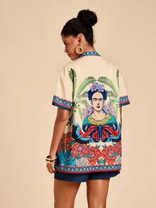 Travachic Frida Kahlo X SHEIN 休闲度假风联名款手绘鹦鹉、花卉几何图案印花外套搭配海军蓝短裤，简约两件套，适合春夏穿着。 - 彩色 - 查看 5