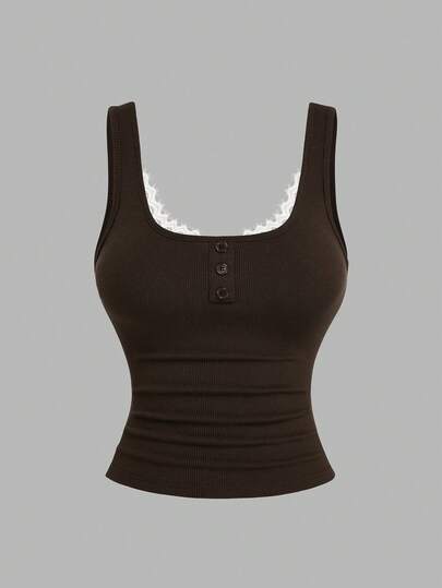 Sweetra Plus Size Women Casual Lace Patchwork Ribbed Camisole And Tank Top