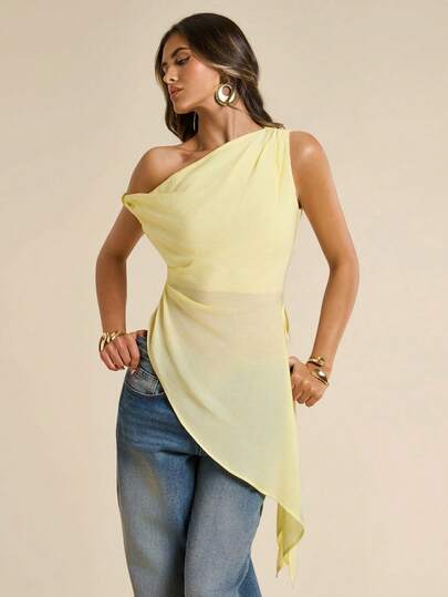 SHEIN BAE Women's Summer Solid Yellow Asymmetric Shoulder Pleated Side Slit Asymmetrical Blouse, Yellow Top