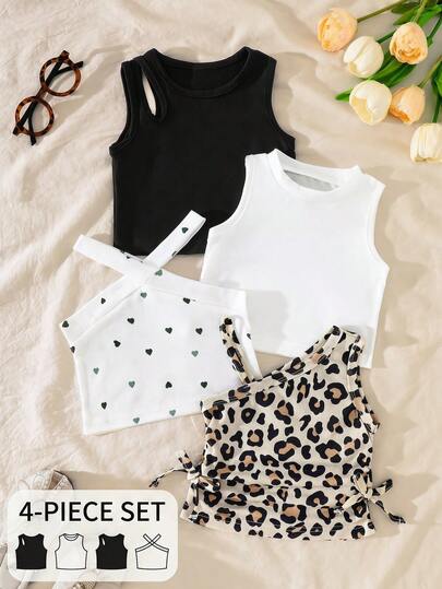 SHEIN Playful Pals Bộ 4 áo tank top không tay dáng ôm in họa tiết da báo chấm bi hình trái tim phong cách Y2K cho bé gái, chất liệu mềm mại, thích hợp mặc ngoài trong kỳ nghỉ, đi biển và các dịp lễ hội.