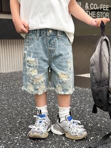 SHEIN 男婴夏季休闲做旧破洞磨边蓝色纽扣口袋修身牛仔短裤，婴儿春夏服装春假穿搭日常穿着 - 淺色水洗藍 - 查看 6