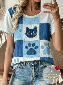 Camiseta casual cómoda con cuello redondo y estampado de gato vintage patchwork para mujer, adecuada para uso casual diario - Neblina azul - Ver 1