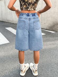 SHEIN Teen Girl Versatile Pocketed Button Casual Denim Shorts - Light Wash - View 2