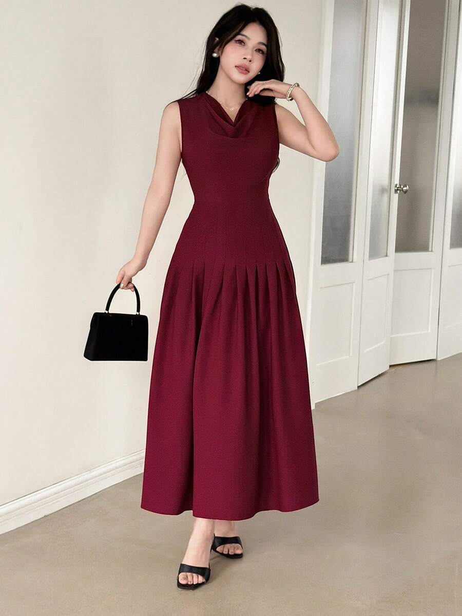 Feyla Women's Solid Color Ruffled Neck Pleated Design Sleeveless Elegant Mid-Length Dress Party Burgundy Summer - Burgundy - View 1