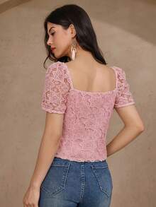 DAZY Women's Solid Color Square Collar Front Button Elegant Short Sleeve Blouse Cute Tops Summer - Pink - View 2