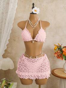 Bộ bikini 3 mảnh Swim Mod, màu trơn, họa tiết hoa, chất liệu giả vỏ sò ánh ngọc trai, áo bikini tam giác buộc dây bên hông và chân váy xếp ly, bộ đồ bơi gợi cảm cho kỳ nghỉ xuân/hè. - Màu Hồng baby - Xem 3