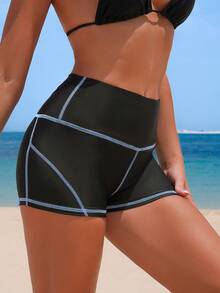 Swim SPRTY Women's High Waist Patchwork Sports Shorts, Slimming, Fashion Sporty, Spring/Summer Beach Black - Black - View 4