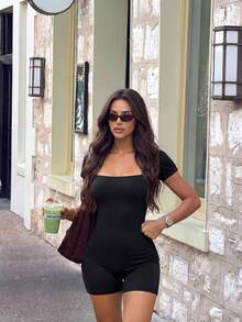 WanderVale Women's Solid Color Short Sleeve Casual Sexy Sports Yoga Fitness Jumpsuit, Suitable For Summer Vacation Night Out Black - Black - View 5