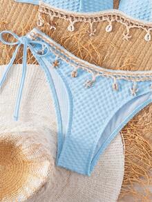 Swim Vcay Springbreak Solid Color Textured Fabric Shell Strap Decor Halter Bikini Top And Tie-Side Triangle Bikini Bottom, Summer Beach Party Swimwear Set For Women - Blue - View 4