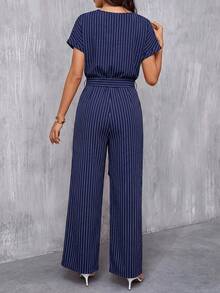 SHEIN Clasi Quần áo liền quần nữ kẻ sọc, thời trang, đa năng, dáng rộng, buộc dây, kiểu dáng thường ngày. - Màu xanh hải quân - Xem 2