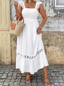 Breezaya Vestido de talla grande con dobladillo de volantes de encaje hidrosoluble y parches - Blanco - Ver 5