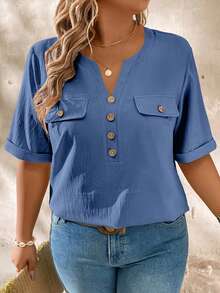 EMERY ROSE Camisa de manga corta con cuello en pico, decoración de botones de madera, talla grande y casual - Neblina azul - Ver 3