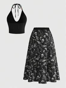 ROMWE Fairycore Outdoor Vacay Summer Outfits Plus Size Women 2 Pieces Set With Dark Gothic Raven, Dead Tree, Skull, Butterfly, Moth, Mushroom All-Over Print - Black - View 9