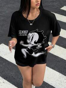 Betty Boop x SHEIN 大码女式休闲圆领T恤 - 白色 - 查看 6