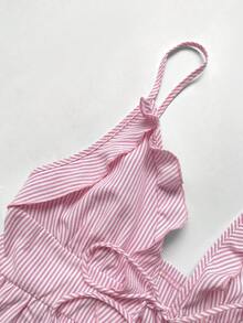Elamini Blusa sexy de mujer con cuello en V con volantes, sin mangas, con diseño de lazo en la parte delantera, a rayas en color rosa, adecuada para uso casual, vacaciones, fiestas y atuendos de verano - Rosa - Ver 3