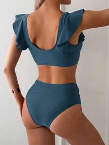 Swim Basics Conjunto de bikini con volantes y escote en V rojo para vacaciones de verano de mujer 2025 - Neblina azul - Ver 2