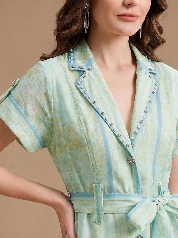 Light Green Elegant Rhinestone Collar Short Sleeve Tie Waist Vacation Midi Dress For Women, Spring/Summer