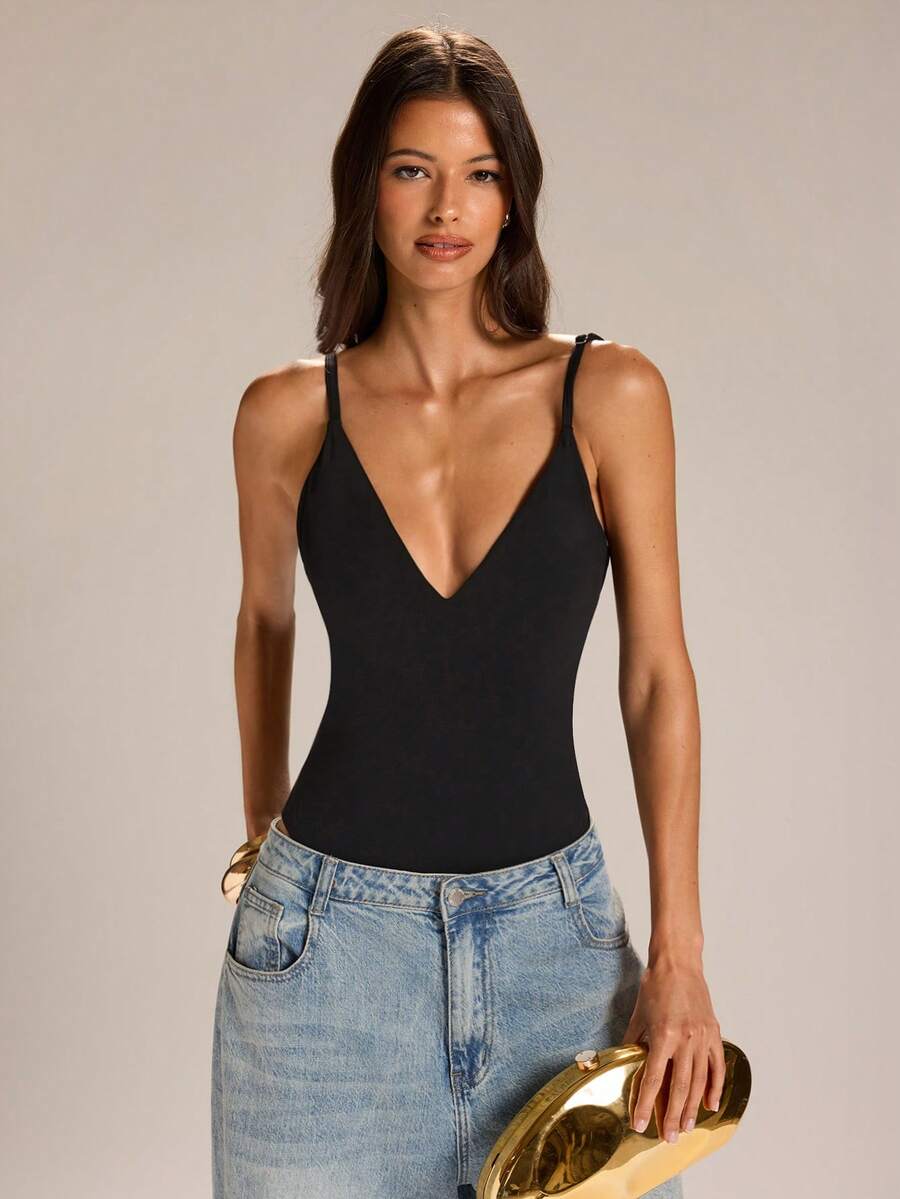 SHEIN BAE Áo liền thân nữ màu đen trơn, dây mảnh, hở lưng, trang trí dây xích, thích hợp cho kỳ nghỉ biển, kỳ nghỉ thư giãn cùng bạn bè, mặc hàng ngày, áo liền thân hở lưng gợi cảm. - màu đen - Xem 1