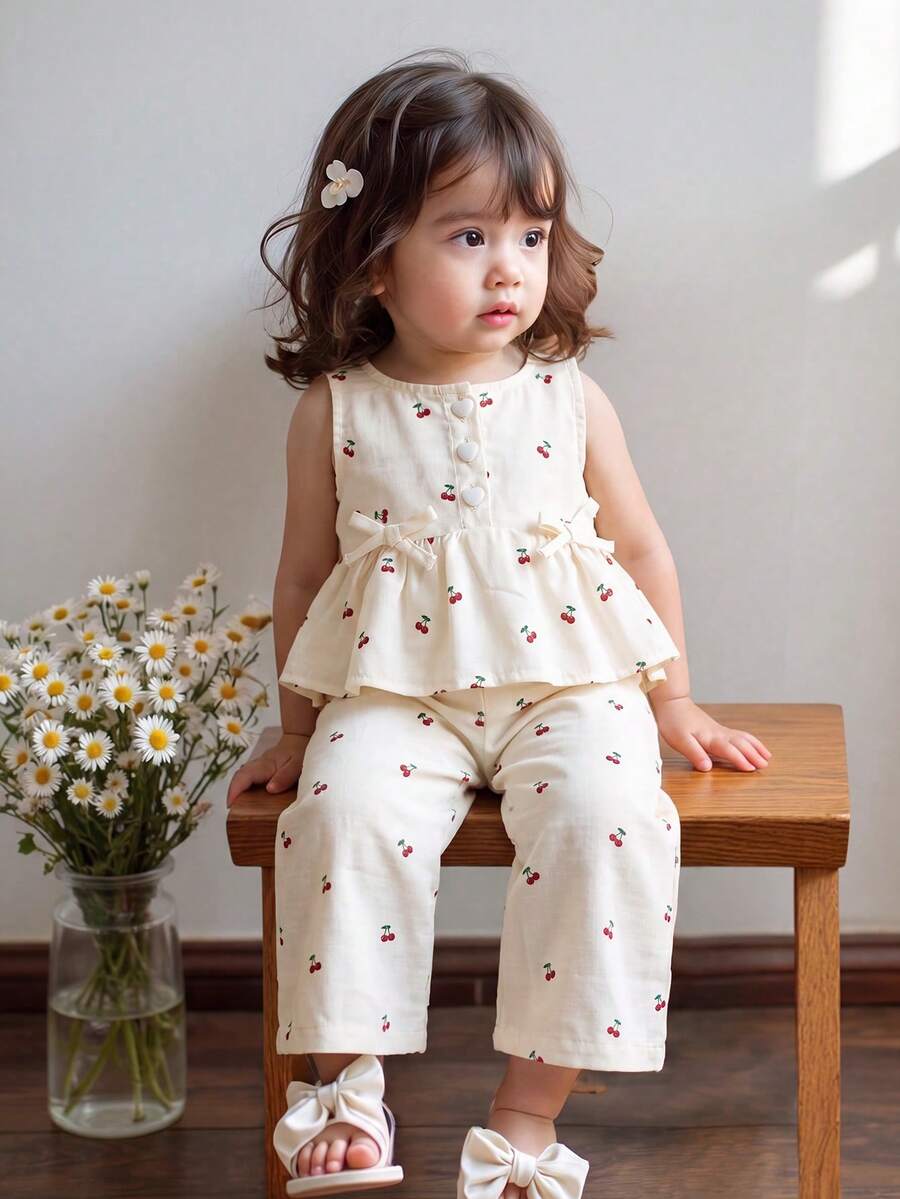 SHEIN LMoss Kids Conjunto Casual e Fofo de Verão para Bebê Menina, Top Regata e Calça com Cintura Elástica - Bege - Visão 1