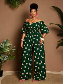 Maweii Plus Size Off-Shoulder Polka Dot Drawstring Waist Short Sleeve Jumpsuit For Vacation - Multicolor - View 3