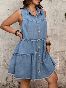 EMERY ROSE Mature Denim Đầm denim không tay dáng suông dành cho nữ cỡ lớn, cài khuy đơn, viền bèo nhún. - Màu xanh lam - Xem 2
