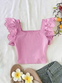SHEIN 少女休闲简约舒适方领短袖纹理面料T恤 - 粉色 - 查看 2