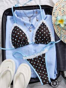 Swim Mod 2pcs Women's Polka Dot Lace Trim Halter Backless Cute Sweet Bikini Set - Multicolor - View 2