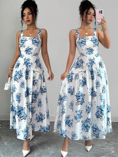 Elenzga Women's Summer Sleeveless Printed Pleated Design Floral Print Dress, Suitable For Daily, Vacation, Date, Party And Banquet