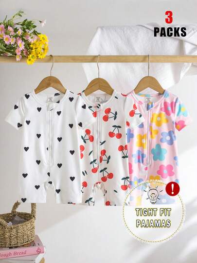 Summer Baby Girl Romper Set, Round Neck Knit Short Sleeve Jumpsuit With Zipper, Soft Floral, Cherry, Heart Digital Print Pattern, Tight Casual Hot Selling Fruit Themed 3-Piece Pajama Loungewear