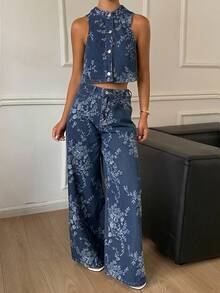 DAZY Bộ đồ đi nghỉ mát dành cho nữ: Áo cardigan không tay cổ tròn in hoa và quần jeans ống đứng dáng rộng. - Rửa tối - Xem 3