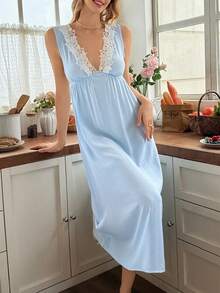 Snug Reverie Áo ngủ không tay màu xanh dương phối ren, cổ chữ V sâu, kiểu Pháp dành cho nữ. - Màu xanh lam - Xem 6