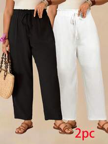 Travachic 2 piezas Pantalones casuales de unicolor talla grande, moda simple para uso diario - Multicolor - Ver 1
