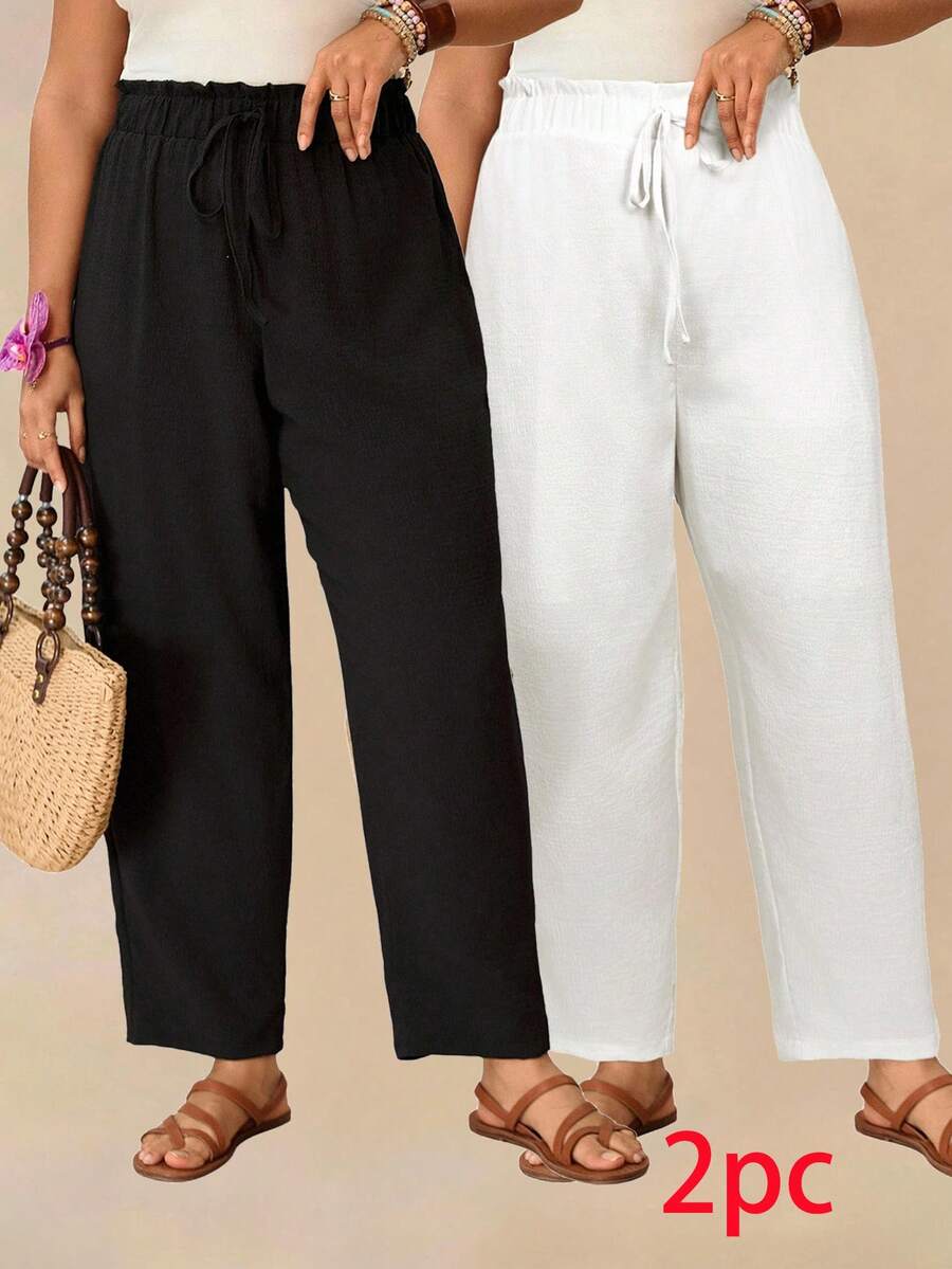 Travachic 2 piezas Pantalones casuales de unicolor talla grande, moda simple para uso diario - Multicolor - Ver 1
