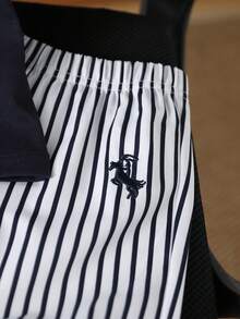 SHEIN 2件組嬰兒女童深藍色夏季休閒短袖T恤搭配刺繡裝飾與條紋長褲套裝 極簡街頭風日常上學穿搭 - 寶藍色 - 查看 6