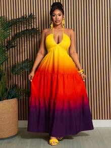 Villa Velisse Plus Size Women Elegant Brown Summer Satin Beach Vacation Holiday V-Neck Backless Big Bow Ombre Maxi Dress 3D Gradient Waist Cinched Ruffle Hem Design - Multicolor - View 1