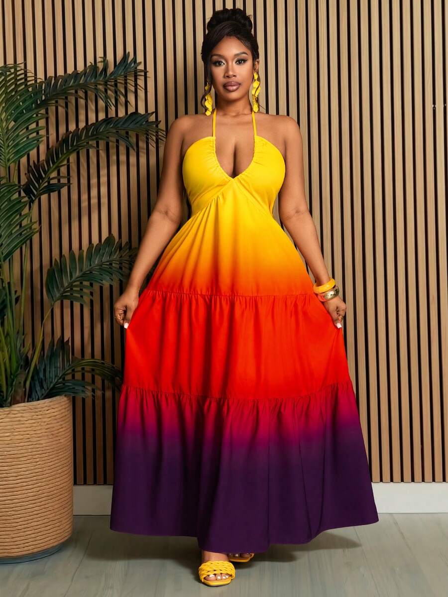 Villa Velisse Plus Size Women Elegant Brown Summer Satin Beach Vacation Holiday V-Neck Backless Big Bow Ombre Maxi Dress 3D Gradient Waist Cinched Ruffle Hem Design - Multicolor - View 1