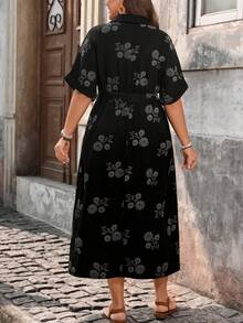 Elenzga Plus Size Women Elegant Vintage Tie-Up Shirt Dress, Spring/Summer - Black - View 2