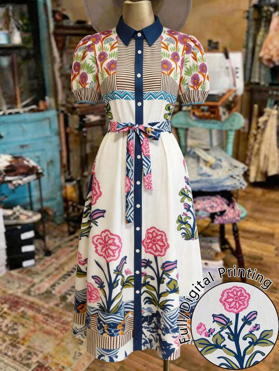 NostaNoir White Floral Front Button Belted Waist Elegant Cottage Boho Short Sleeve Dress Vacation Summer - Multicolor - View 1