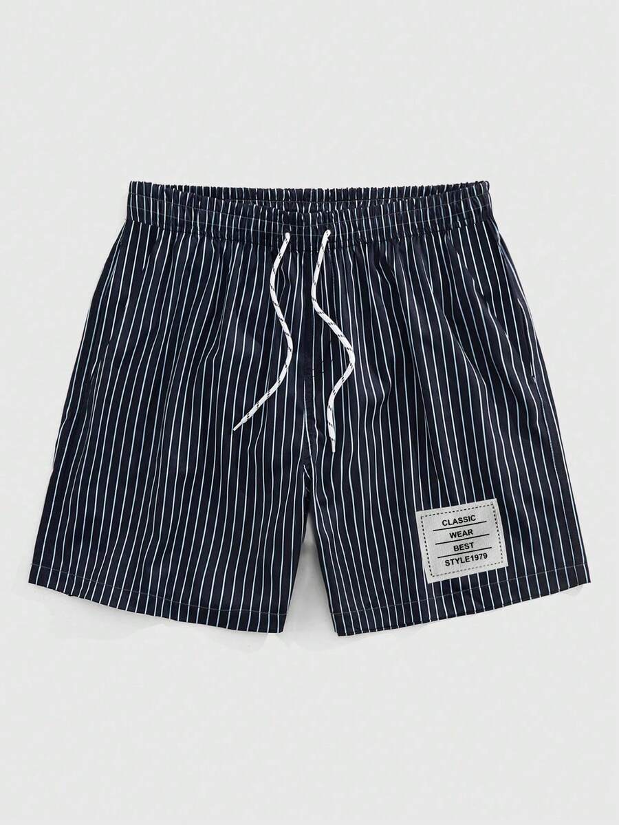 ROMWE MEN Street Life Men's Letter & Striped Drawstring Waist Shorts - Royal Blue - View 1