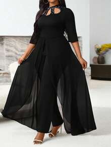 Villa Velisse Plus Size Asymmetrical Hem Cape Embroidered Beaded Short Sleeve Jumpsuit - Black - View 8