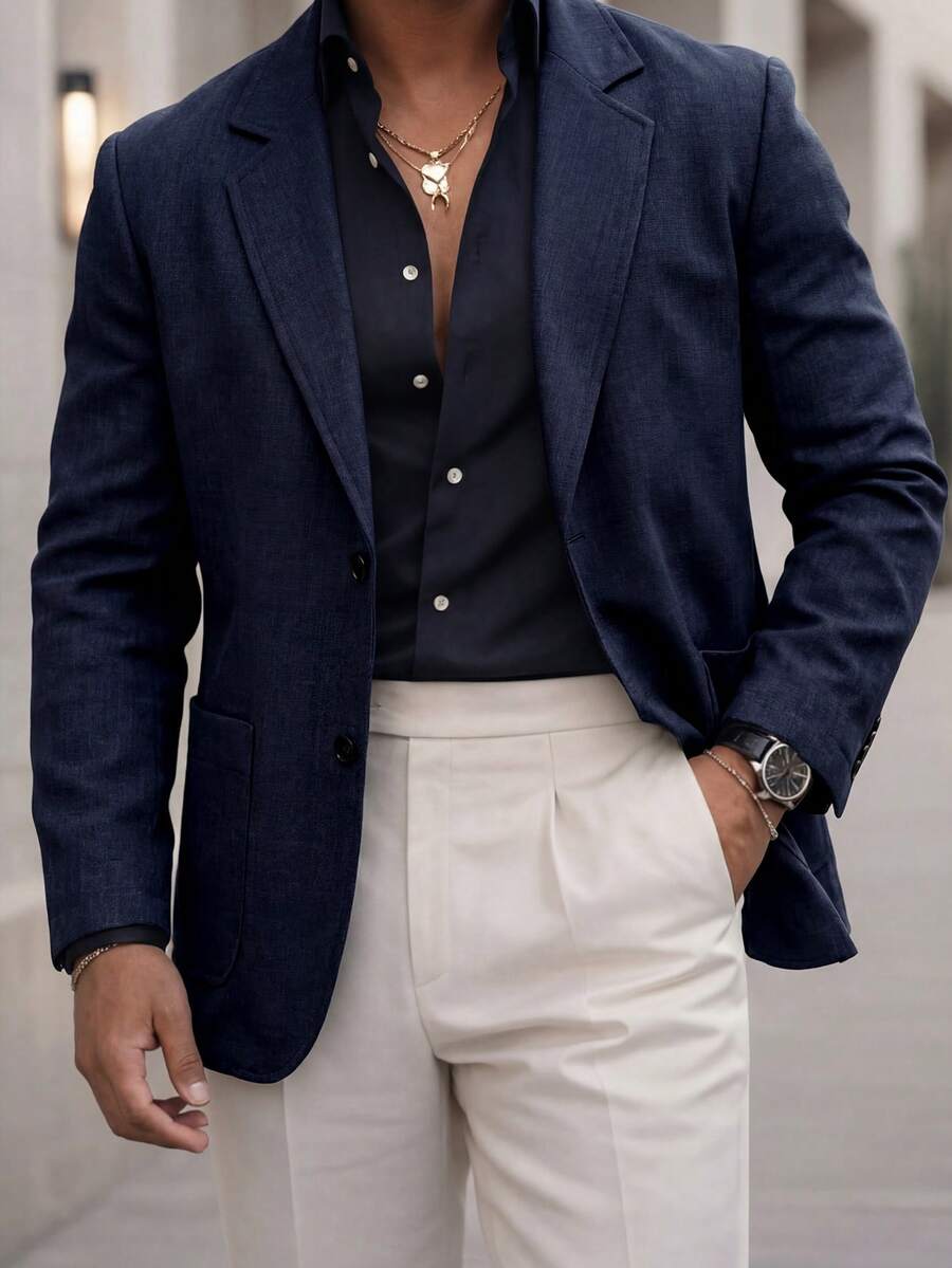 Manfinity Bizformal 男士深藍色西裝外套,休閒通勤,極簡日常穿搭,正式,儀式 - 藏蓝色 - 查看 1