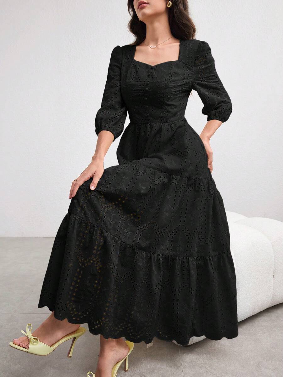 Modelyn 女款長版刺繡泡泡袖洋裝,優雅浪漫,淺黃色,春夏款 - 黑色 - 查看 1