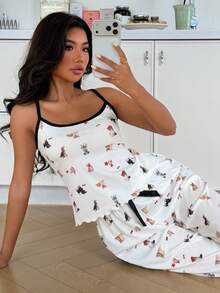 ZzzCrew 女士罗纹针织可爱小狗印花吊带背心和裤子两件套睡衣套装 - 彩色 - 查看 2