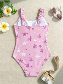 Tween Girls' Letter & Star Cartoon Girl Group Print Elastic Wide Strap One-Piece Swimsuit, Suitable For Beach, Pool, Water Sports - Pink - View 2