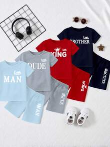 SHEIN Playful Pals 8件套婴幼儿男童休闲皇冠标语印花短袖T恤和短裤套装，舒适日常穿着，春夏款 - 彩色 - 查看 3
