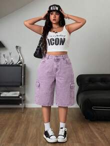 SHEIN ICON Pantalones cargo azul desgastado de corte recto y holgado con bolsillos grandes - Morado - Ver 6