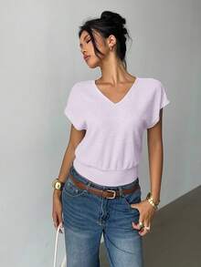 Siren Gaze Women's V-Neck Loose Short Sleeve Top, New Summer Design - Purple - View 3